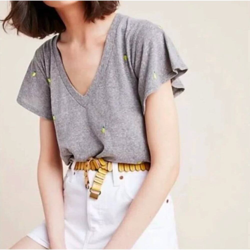 Anthropologie T.La Wayfaring Tee Gray Lemon Size XS NWT